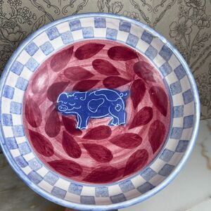 D Lasser Artist Signed Pig Soup Spaghetti Decorative Bowl  8in Studio Pottery